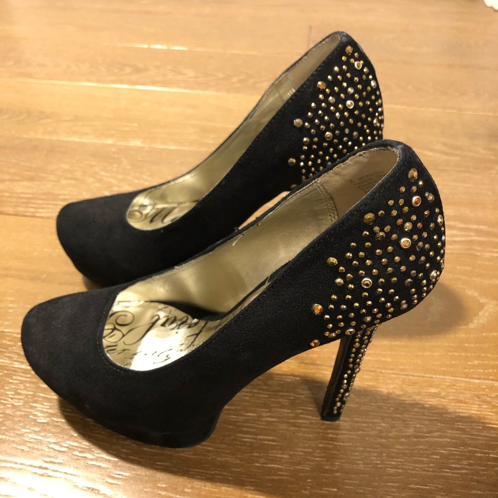 Black Faux Suede Gold Jeweled High Heel Stiletto Pumps